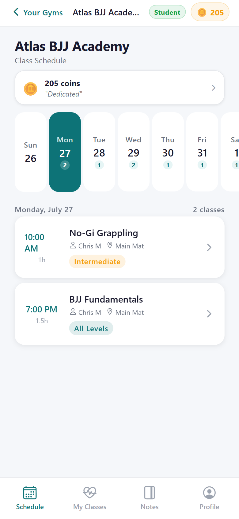 Class schedule screen